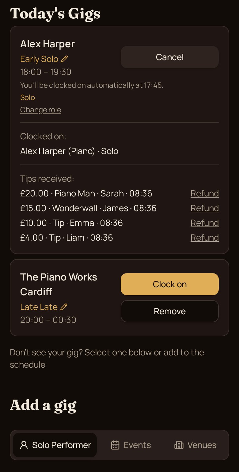 Gigs screen listing today's gigs with clock on buttons
