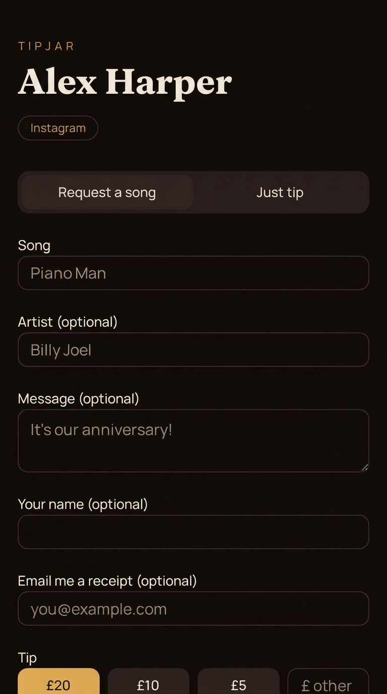 Audience request page for a solo performer, with Instagram link and tip amounts