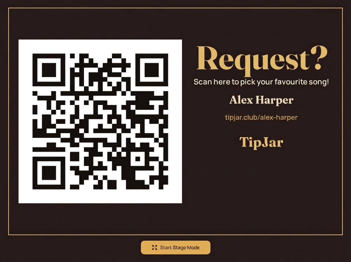 Stage Mode showing a large Request? QR code on a tablet